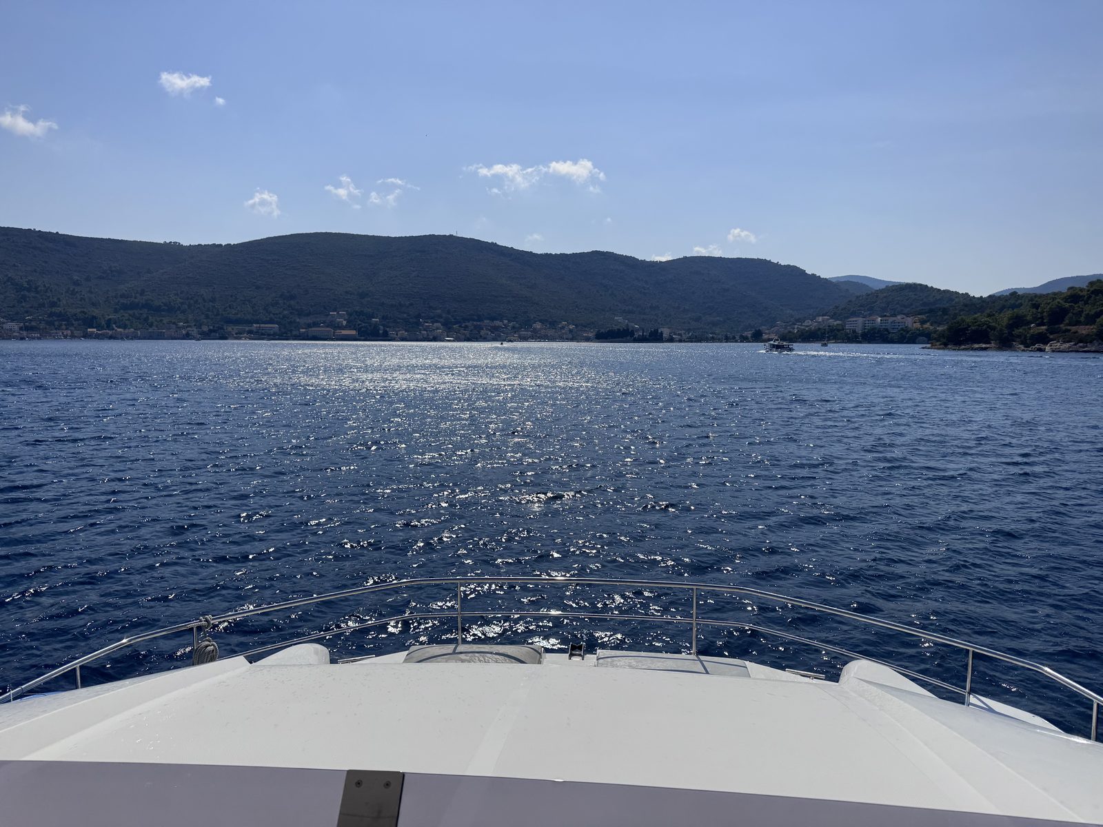 From the bow of the catamaran, looking at the Croatian coast.